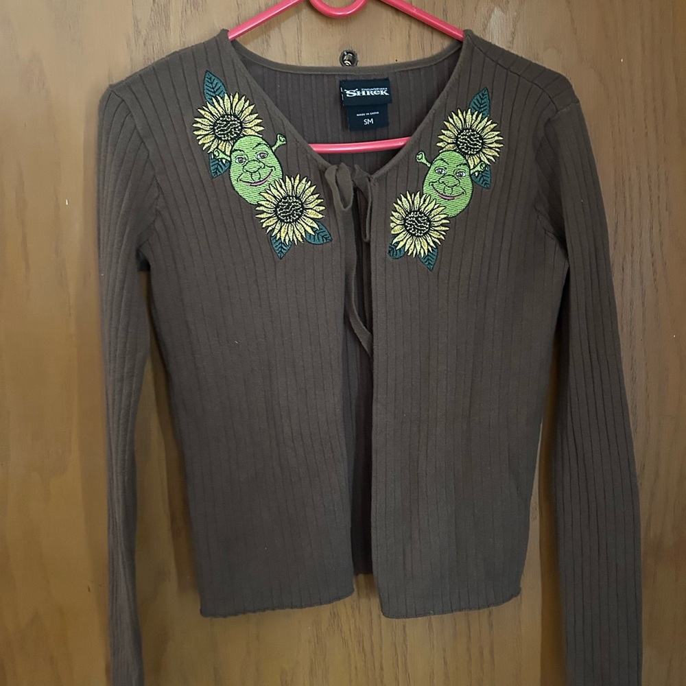 Hot Topic Shrek  Brown Cardigan with Sunflower Embroidery